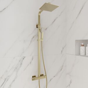 FNX BATHROOMS Square Brushed Brass Thermostatic Shower Kit with Fixed Head and Handset