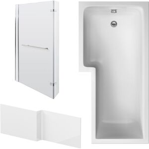 BALTERLEY L Shape 1700x850 Shower Bath Set – Front Panel & Chrome Fixed Return Screen with Towel Rail, Left Hand