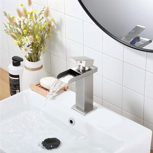 SHUNLI Stainless Steel Waterfall Bathroom Faucet Hot and Cold Spout Single Handle Sink Faucet (Brushed)