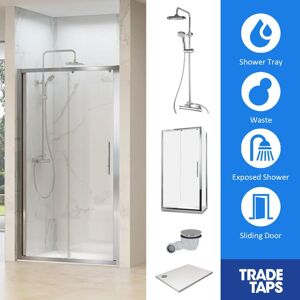 Synergy - Chrome Single Sliding Door 800 x 1600mm, Tray, Waste & Trisen Round Shower Full Set