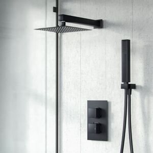 Nes Home - Temel 2 Dial 2 Way Thermostatic Mixer Valve, 200mm Shower Head, Handset Shower Set Matte Black