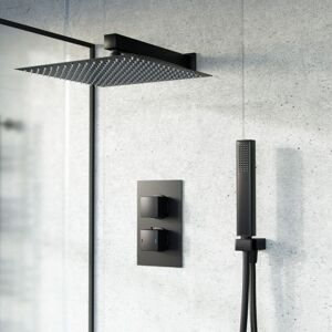 Nes Home - Temel 2 Dial 2 Way Thermostatic Mixer Valve, 300mm Shower Head, Handset Shower Set Matte Black