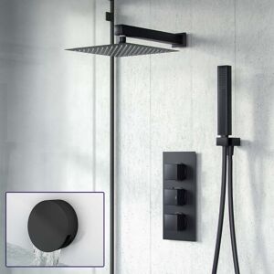 NES HOME Temel 3-Way Thermostatic Mixer Valve and 200 mm Square Shower Head, Handheld and Bath Filler Waste Matte Black Set