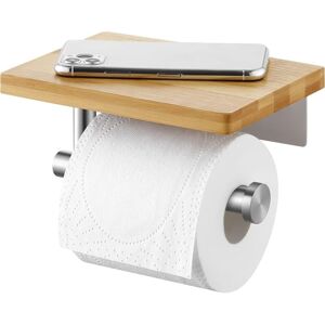 Linghhang - Toilet Paper Holder (Brushed) with Bamboo Shelf Wall Mounted Toilet Paper Holder for Bathroom Stainless Steel