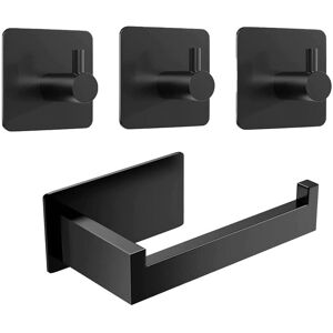 TLILY Toilet Paper Holder No Drilling Toilet Paper Holder Black 3 Towel Hooks Self-Adhesive Stainless Steel Toilet Roll Holder