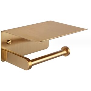 LINGHHANG Toilet Paper Holder, Wall Mounted Toilet Paper Holder with Storage Shelf, Self Adhesive,Aluminum(Gold)