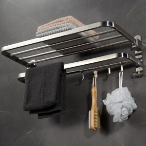 Linghhang - Towel Rack Bathroom Shelf Wall Mounted Foldable with 2 Storage Layers and 4 Hooks