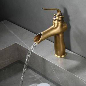 SHUNLI Vintage Waterfall Bathroom Sink Faucet, Antique Brass Bathroom Faucet Single Hole Single Lever Hot and Cold Sink Faucet Vintage