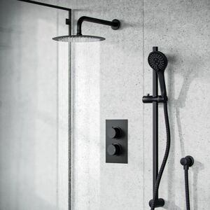 NES HOME Violet 2 Dial 2 Way Thermostatic Mixer, 200mm Rainfall Shower Head, Slider Rail & Handset Matte Black