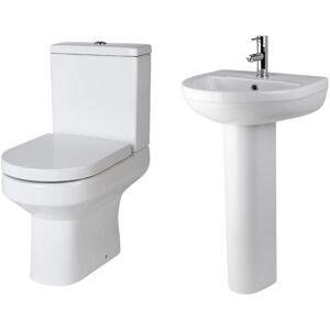 Vision Ceramic Bundle Semi Flush to Wall Toilet Pan & Cistern, Soft Close Seat, 500mm 1 Tap Hole Basin & Full Pedestal Balterley