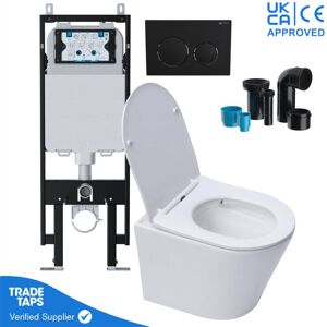 GRAVAHAUS Wall Hung Toilet Pan Round with viva Slim Concealed Cistern Frame 1.14-1.35m & Matt Black Flush Plate
