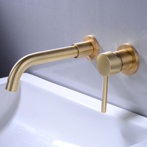 SHUNLI Wall Mounted Basin Faucet, High Quality Brass Wall Mounted Mixer Tap, Concealed Bathroom Faucet, 360° Rotating Hot and Cold Faucet, Brushed Gold