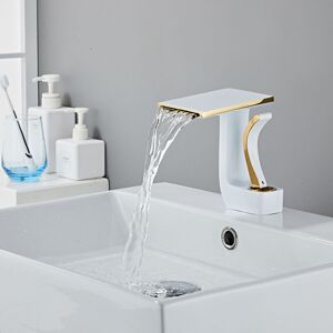 SHUNLI Waterfall Bathroom Faucet, Brass Single Handle, Hot and Cold Water Sink Faucet, White Gold