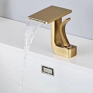 SHUNLI Waterfall Bathroom Faucet, Single Brass Handle, Hot and Cold Water Sink Faucet, Brushed Gold