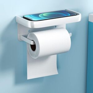 LINGHHANG White) No Drilling Aluminum Toilet Paper Holder, Roll Holder with Spacious Shelves, Self Adhesive Toilet Paper Holder, Wall Mounted Paper Holder for