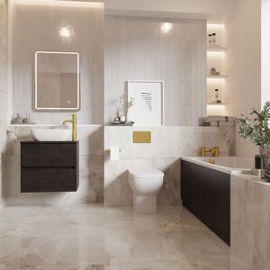 Wholesale Domestic - Alford 1400mm Steel Straight Single Ended Bathroom Suite including Brushed Brass Flush Plate Back to Wall Toilet and Metallic