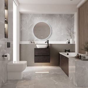 Wholesale Domestic - Alford 1400mm Steel Straight Single Ended Bathroom Suite including Matt Black Flush Plate Back to Wall Toilet and Metallic Slate