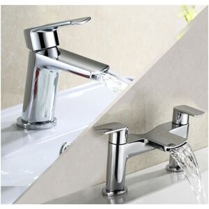 NES HOME Centa Modern Waterfall Basin Single Lever Mixer Tap & Bath Filler Tap + Free Basin Waste