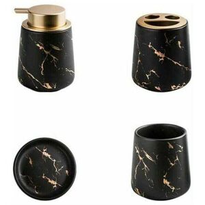 ZVD Ensemble de 4 accessoires de salle de bain en céramique marbrée - Distributeur de savon, porte-brosse à dents, gobelet, porte-savon - Noir