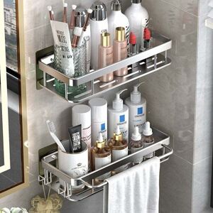 Shower Shelf No Drilling, Bathroom Shelf, Aluminum Shower Storage with 2 Hooks, with Towel Rail Self-Adhesive Shower Shelf - ZVD