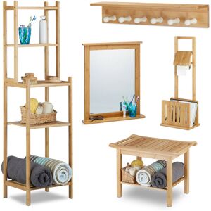RELAXDAYS 5-piece bamboo bathroom set, storage shelf, bench, towel holder, toilet paper holder with magazine rack, mirror, natural RELAXDAYS 5-piece bamboo bathroom set, storage shelf, bench, towel holder, toilet paper holder with magazine rack, mirror, natural