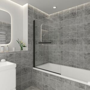 NRG - 800 x 1400mm Bathroom Round Bath Screen Reversible 6mm Easy Clean Glass Black with Towel Rail NRG - 800 x 1400mm Bathroom Round Bath Screen Reversible 6mm Easy Clean Glass Black with Towel Rail