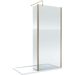 BALTERLEY 8mm Fluted Glass Walk In Wetroom Screen and Hinged Return with Brushed Brass Profile and Shower Tray - 1400 x 800mm BALTERLEY 8mm Fluted Glass Walk In Wetroom Screen and Hinged Return with Brushed Brass Profile and Shower Tray - 1400 x 800mm