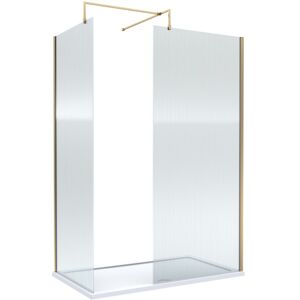 BALTERLEY 8mm Fluted Glass Walk In Wetroom Screens with Brushed Brass Profile and White Shower Tray - 1400 x 800mm BALTERLEY 8mm Fluted Glass Walk In Wetroom Screens with Brushed Brass Profile and White Shower Tray - 1400 x 800mm