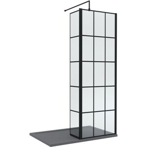 BALTERLEY 8mm Glass Walk In Wetroom Screen and Hinged Return Black Framed Design and Grey Shower Tray - 1200 x 700mm BALTERLEY 8mm Glass Walk In Wetroom Screen and Hinged Return Black Framed Design and Grey Shower Tray - 1200 x 700mm