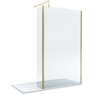 BALTERLEY 8mm Glass Walk In Wetroom Screen and Hinged Return Screen with Brushed Brass Profile and Shower Tray - 1700 x 800mm BALTERLEY 8mm Glass Walk In Wetroom Screen and Hinged Return Screen with Brushed Brass Profile and Shower Tray - 1700 x 800mm