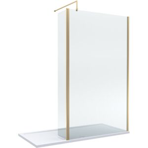 BALTERLEY 8mm Glass Walk In Wetroom Screen and Hinged Return Screen with Brushed Brass Profile and Shower Tray - 1700 x 700mm BALTERLEY 8mm Glass Walk In Wetroom Screen and Hinged Return Screen with Brushed Brass Profile and Shower Tray - 1700 x 700mm