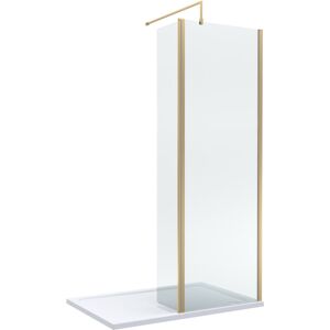 BALTERLEY 8mm Glass Walk In Wetroom Screen and Hinged Return Screen with Brushed Brass Profile and Shower Tray - 1200 x 800mm BALTERLEY 8mm Glass Walk In Wetroom Screen and Hinged Return Screen with Brushed Brass Profile and Shower Tray - 1200 x 800mm