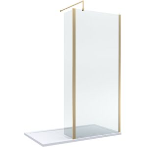 BALTERLEY 8mm Glass Walk In Wetroom Screen and Hinged Return Screen with Brushed Brass Profile and Shower Tray - 1400 x 700mm BALTERLEY 8mm Glass Walk In Wetroom Screen and Hinged Return Screen with Brushed Brass Profile and Shower Tray - 1400 x 700mm