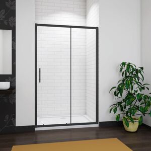 AICA SANITAIRE Aica 1100x1850mm Matt Black Frame Sliding Shower Door with 1100x800mm Shower Tray Waste AICA SANITAIRE Aica 1100x1850mm Matt Black Frame Sliding Shower Door with 1100x800mm Shower Tray Waste