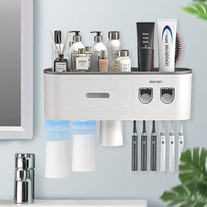 Readcly - Automatic Double Toothpaste Dispenser Wall Mounted, Toothbrush Holder for Bathroom and Vanity, with 6 Brush Slots, 3 Magnetic Cups Readcly - Automatic Double Toothpaste Dispenser Wall Mounted, Toothbrush Holder for Bathroom and Vanity, with 6 Brush Slots, 3 Magnetic Cups