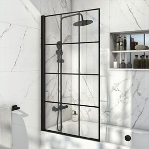 Gravahaus - Bath Shower Over Bath Screen 780mm Framed Black Grid Square Safety Glass Panel Gravahaus - Bath Shower Over Bath Screen 780mm Framed Black Grid Square Safety Glass Panel
