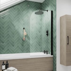 Luxura - Nuie Pacific Matt Black Profile Round Top Hinged Bath Screen 1430mm h x 790mm w - 6mm Glass Luxura - Nuie Pacific Matt Black Profile Round Top Hinged Bath Screen 1430mm h x 790mm w - 6mm Glass