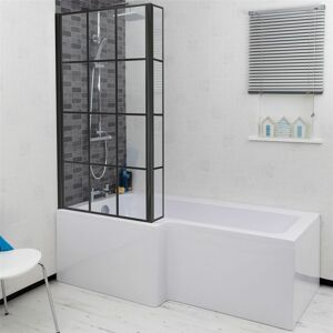 CERAMICA Bathroom L Shaped Bath Black Grid Shower Screen LH Front Panel White 1500mm CERAMICA Bathroom L Shaped Bath Black Grid Shower Screen LH Front Panel White 1500mm