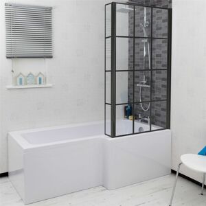 CERAMICA Bathroom L Shaped Bath Black Grid Shower Screen RH Front End Panel White 1700mm CERAMICA Bathroom L Shaped Bath Black Grid Shower Screen RH Front End Panel White 1700mm