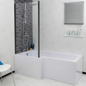 CERAMICA Bathroom L Shaped Bath Black Shower Screen Left Hand Front Panel White 1500mm CERAMICA Bathroom L Shaped Bath Black Shower Screen Left Hand Front Panel White 1500mm