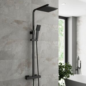 AQUARI Bathroom Thermostatic Mixer Shower Set Square Black Twin Head Exposed Valve AQUARI Bathroom Thermostatic Mixer Shower Set Square Black Twin Head Exposed Valve