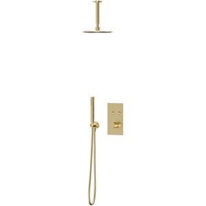 Colore Brushed Brass Concealed Push Button Twin Thermostatic Shower Valve Including 200mm Round Fixed Shower Head with Ceiling Arm and Round Shower Colore Brushed Brass Concealed Push Button Twin Thermostatic Shower Valve Including 200mm Round Fixed Shower Head with Ceiling Arm and Round Shower