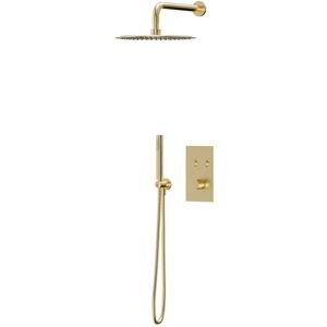 Colore - Brushed Brass Concealed Push Button Twin Thermostatic Shower Valve Including 300mm Round Fixed Shower Head with Wall Arm and Round Shower Colore - Brushed Brass Concealed Push Button Twin Thermostatic Shower Valve Including 300mm Round Fixed Shower Head with Wall Arm and Round Shower