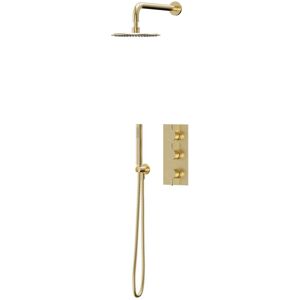 Colore - Brushed Brass Triple Thermostatic Valve Mixer Shower Including 200mm Round Fixed Shower Head with Wall Arm and Round Shower Outlet Holder Colore - Brushed Brass Triple Thermostatic Valve Mixer Shower Including 200mm Round Fixed Shower Head with Wall Arm and Round Shower Outlet Holder
