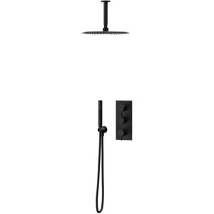 Colore - Matt Black Triple Thermostatic Valve Mixer Shower Including 300mm Round Fixed Shower Head with Ceiling Arm and Round Shower Outlet Holder Colore - Matt Black Triple Thermostatic Valve Mixer Shower Including 300mm Round Fixed Shower Head with Ceiling Arm and Round Shower Outlet Holder