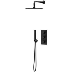 Colore Matt Black Triple Thermostatic Valve Mixer Shower Including 300mm Round Fixed Shower Head with Wall Arm and Round Shower Outlet Holder with Colore Matt Black Triple Thermostatic Valve Mixer Shower Including 300mm Round Fixed Shower Head with Wall Arm and Round Shower Outlet Holder with