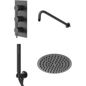 Colore - Matt Black Triple Thermostatic Valve Mixer Shower with Round Fixed Head and Round Handset Outlet Holder - 2 Outlet Colore - Matt Black Triple Thermostatic Valve Mixer Shower with Round Fixed Head and Round Handset Outlet Holder - 2 Outlet