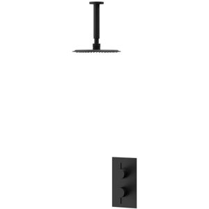 Colore - Matt Black Twin Thermostatic Valve Mixer Shower with 200mm Round Fixed Shower Head and Ceiling Arm - 1 Outlet Colore - Matt Black Twin Thermostatic Valve Mixer Shower with 200mm Round Fixed Shower Head and Ceiling Arm - 1 Outlet