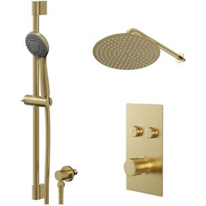 Colore Round Brushed Brass Concealed Push Button Shower Valve and 300mm Thin Round Fixed Head with Wall Arm and Round Slide Rail Kit with Round Elbow Colore Round Brushed Brass Concealed Push Button Shower Valve and 300mm Thin Round Fixed Head with Wall Arm and Round Slide Rail Kit with Round Elbow