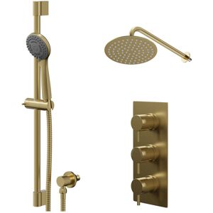 Colore - Round Brushed Brass Concealed Triple Thermostatic Shower Valve and 200mm Thin Round Fixed Head with Wall Arm and Round Slide Rail Kit with Colore - Round Brushed Brass Concealed Triple Thermostatic Shower Valve and 200mm Thin Round Fixed Head with Wall Arm and Round Slide Rail Kit with